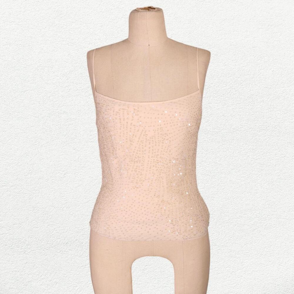 Vintage BCBG Max Azria Silk Sequined Cami Beige | Y2K Champagne Tank Top